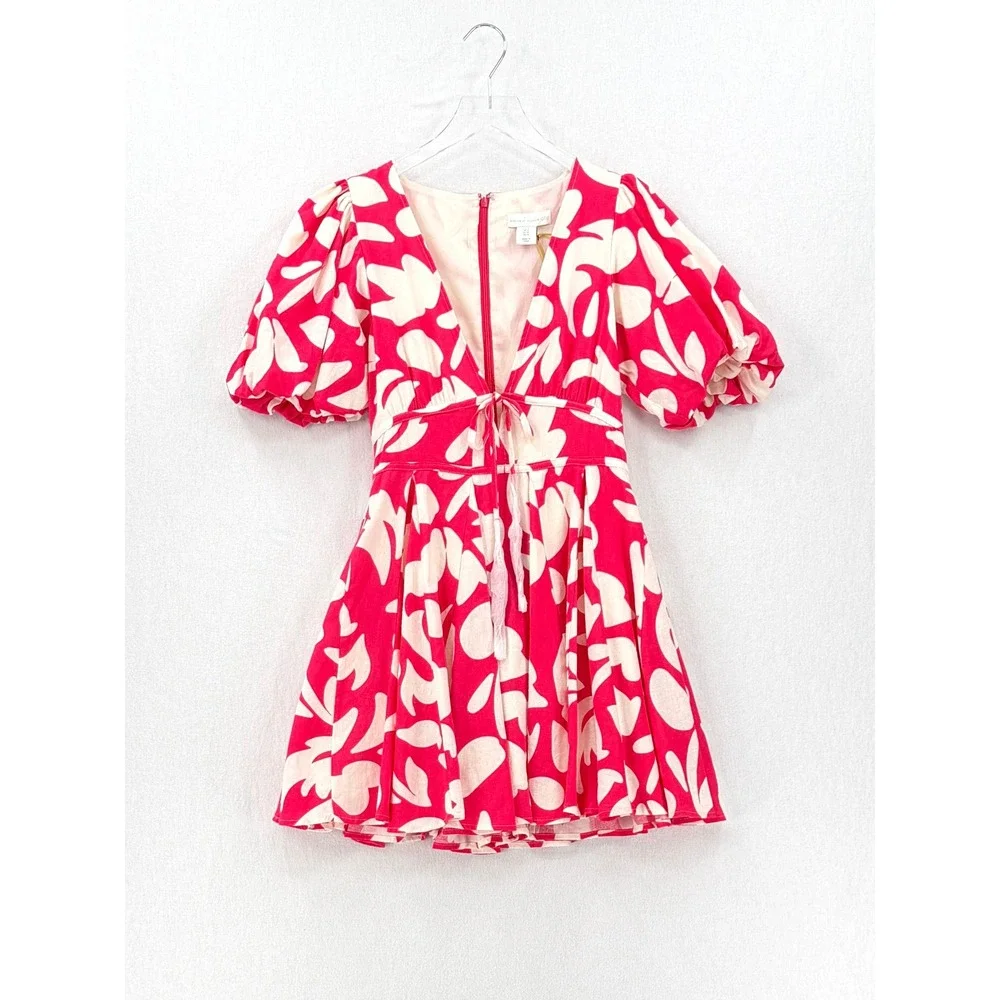 HOUSE OF HARLOW 1960 Mini Dress Women Small Pink Floral Puff Sleeve Tie Front - Picture 3 of 15